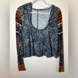 Free People Movement Soul Searcher Printed Hoodie in Deep Sea Combo Size S